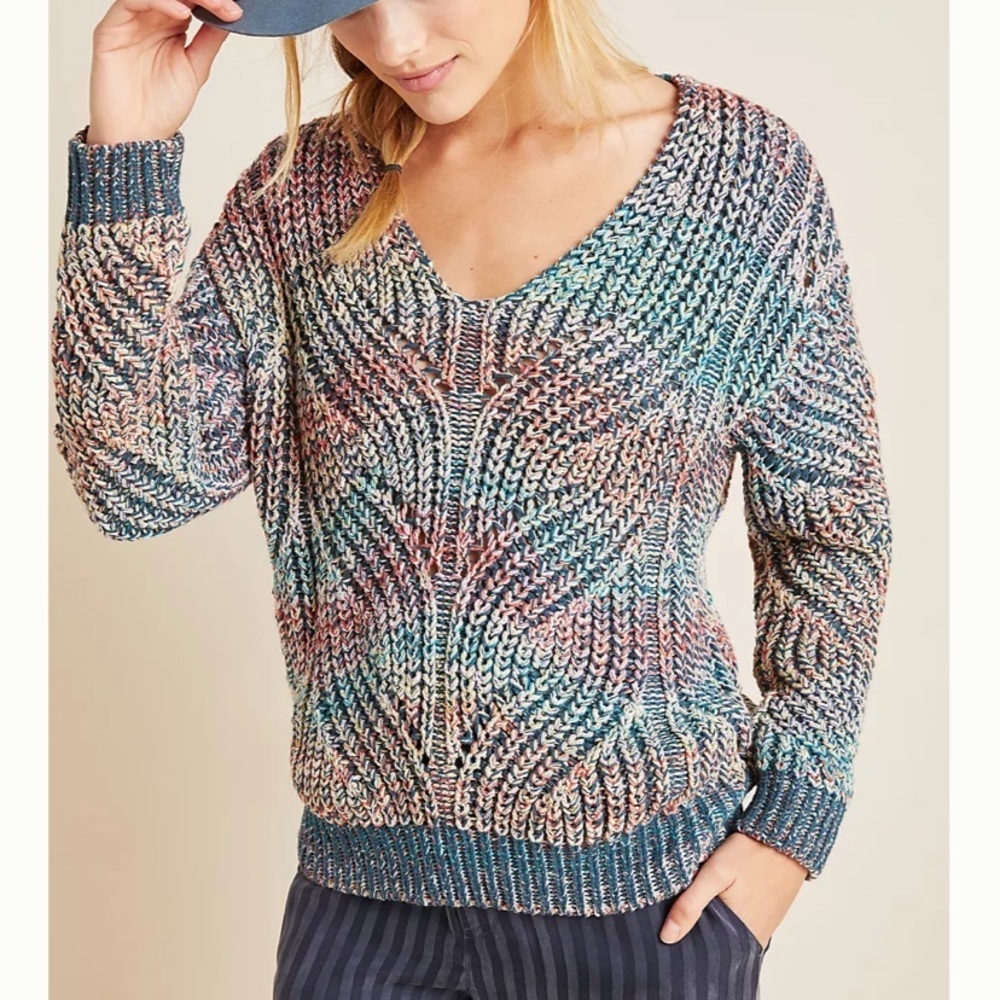 Anthropologie Chroma Multicolor Chunky Knit Sweater size Small Pink Green Y2K
